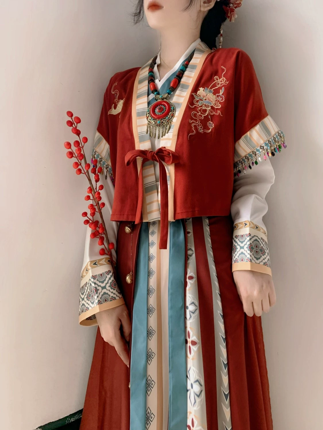 Комплект ханьфу в танском стиле, женский, красная поясная юбка, полный набор и аксессуары