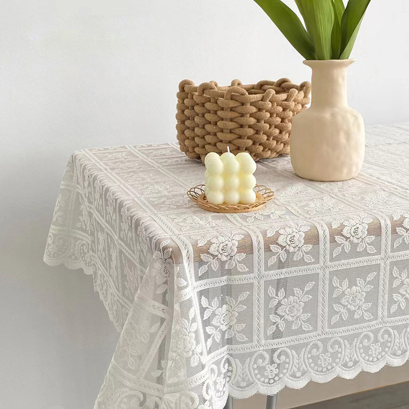 Beige Square Lace Hollow Tablecloth Vintage European Style Embroidered Tablecloth Wedding Party Garden Home Decoration