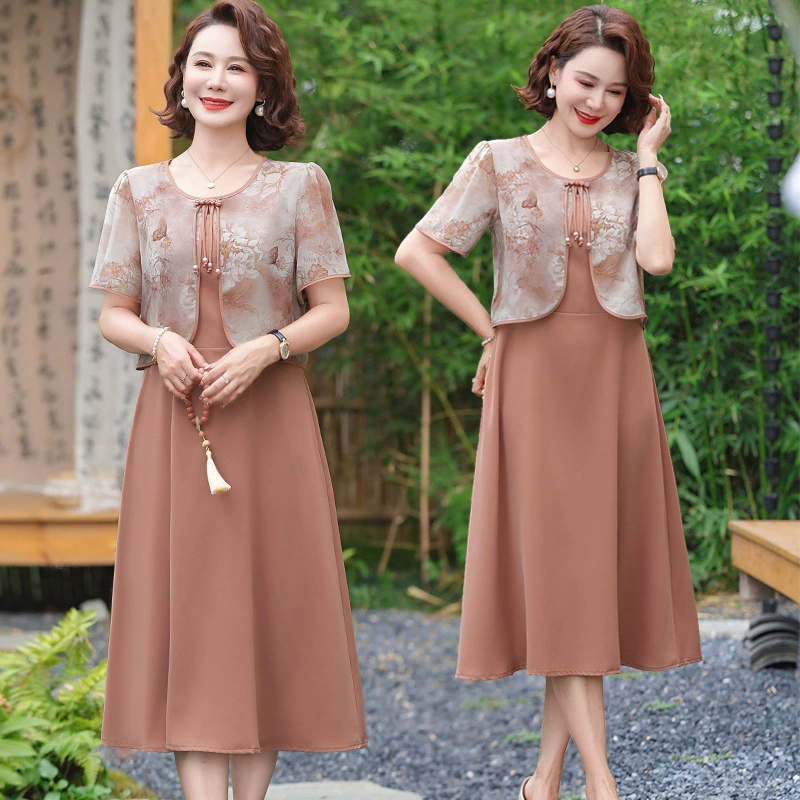 Материнское платье из двух частей в китайском стиле, модная шифоновая юбка для женщин среднего и пожилого возраста с короткими рукавами, элегантная и уменьшающая возраст юбка