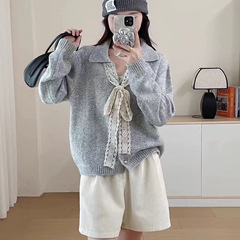 韩系蝴蝶结系带毛衣外套女秋冬季新款温柔风polo领针织开衫上衣女