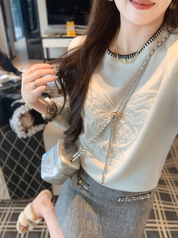 鱼兔子的兔子 慵懒风蝴蝶针织上衣女春秋新款宽松内搭毛衣打底衫|undefined