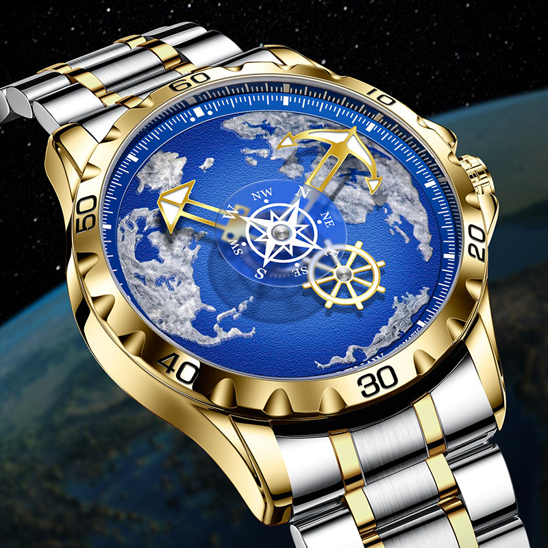 Đồng hồ nam automatic lộ máy dây thép cao cấp — Dây thép vàng Intershell, Dải thép bạc vỏ bạc