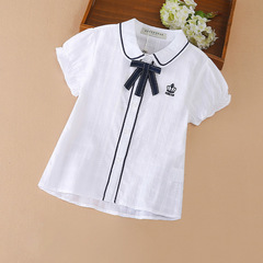 Girls' Short Sleeve Collared Shirt College Style 2023 Summer Medium and Large Children Trendy Little Girl Summer Children Pure Cotton White Collared Shirt