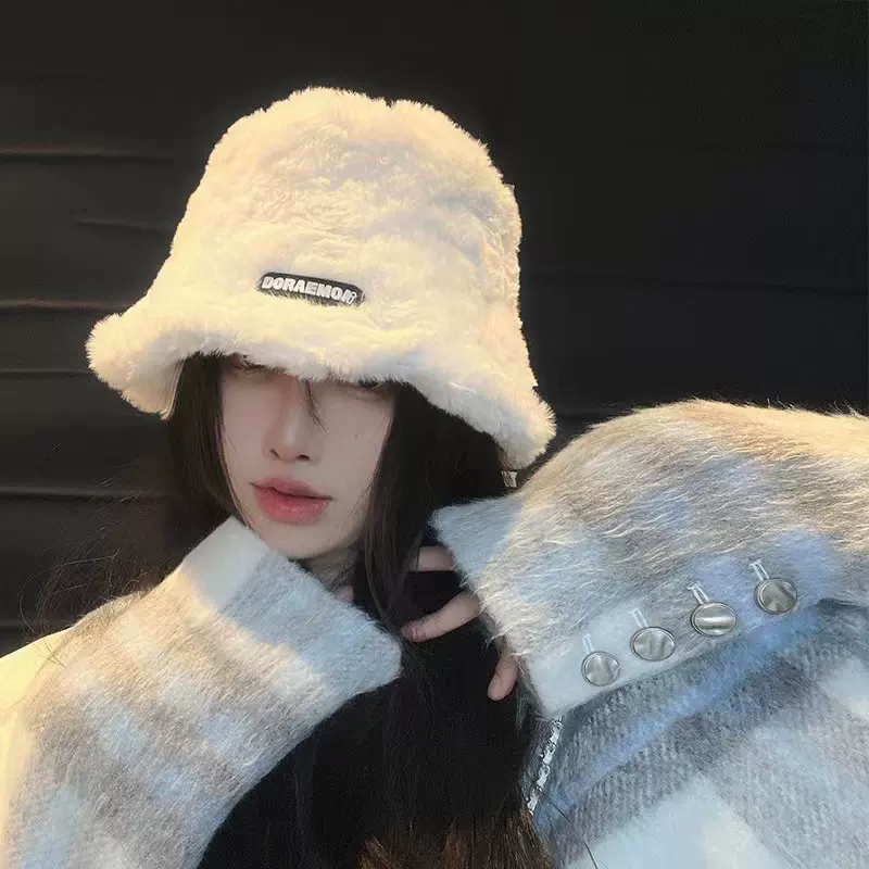 贴标纯色羊羔毛渔夫帽子女秋冬季日系百搭显脸小加厚保暖毛绒盆帽