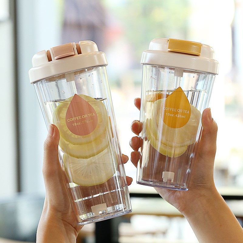 翻蓋雙層大容量吸管杯簡約直飲隨行雙飲杯便攜隨手咖啡翻蓋吸管杯