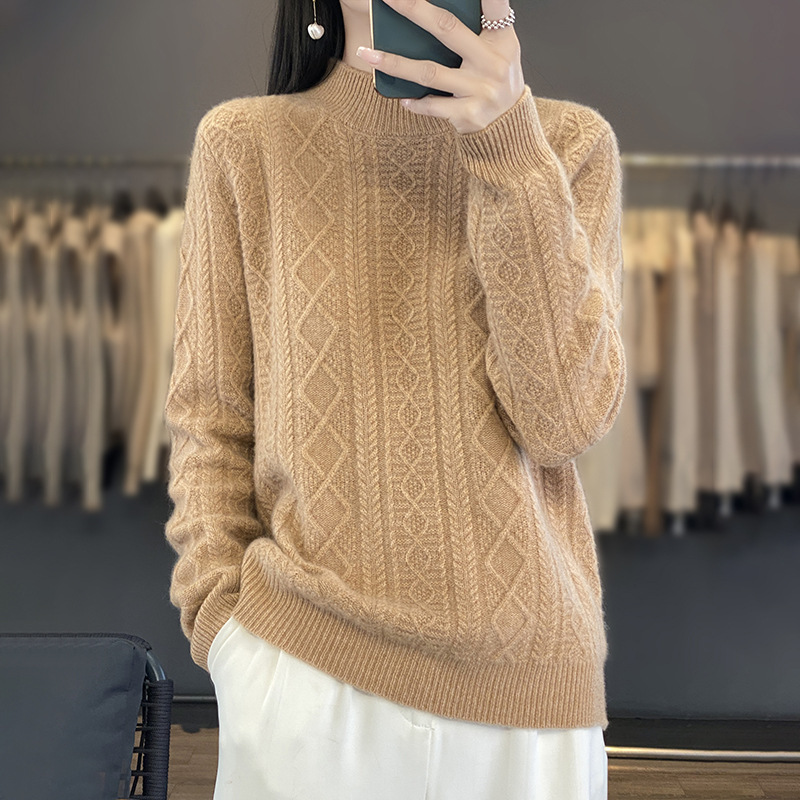 Autumn and Winter New Thickened Knitted Sweater Women's Half Turtleneck Loose Rhombus Cable Knitted Bottoming Sweater Pullover Sweater Wholesale