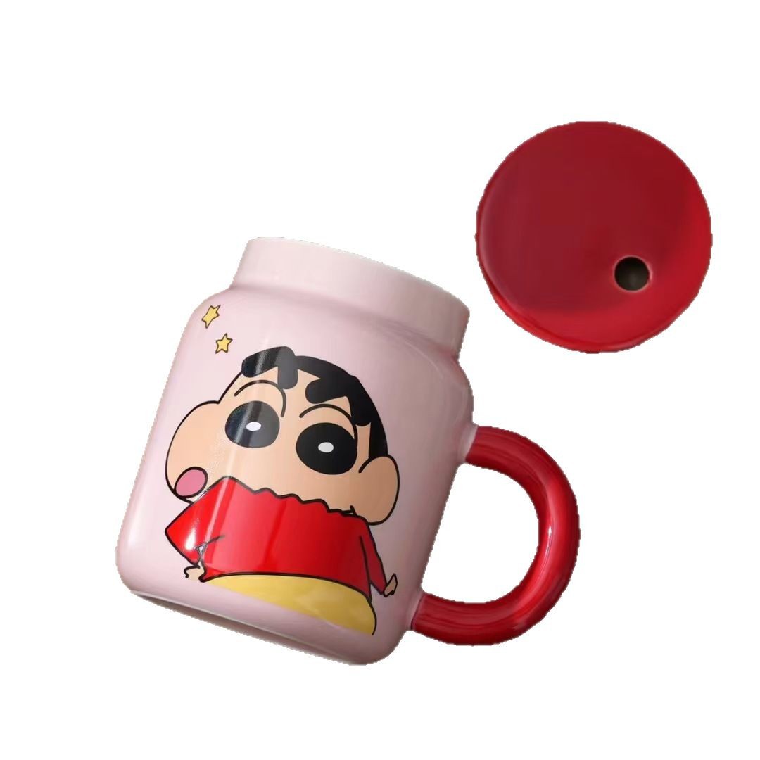 Genuino autorizado Crayon Shin-chan de cerámica con tapa de paja de alto valor creativo personalidad estudiante a prueba de polvo con taza de agua con pajita