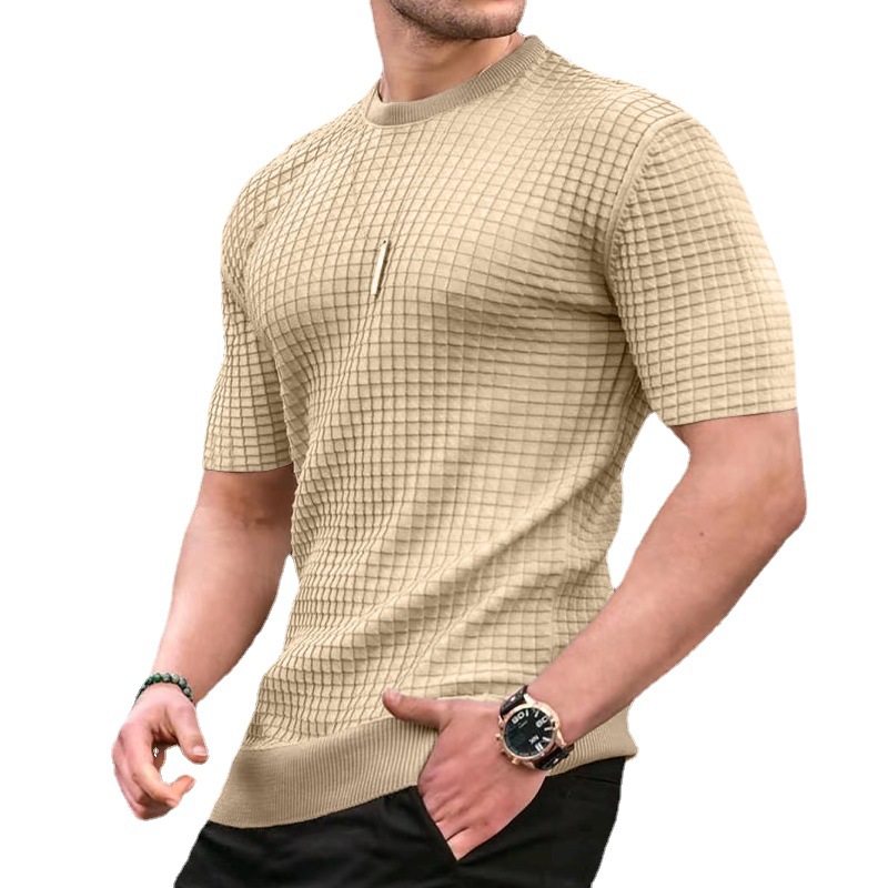 2024 transfronteriza nueva estación independiente primavera y verano de los hombres de Amazon pequeña camiseta a cuadros cuello redondo casual top de moda