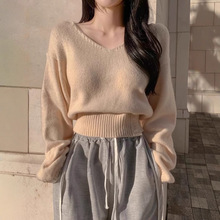 春季chic韩系上衣针织女衫v领侧边系开扣收腰慵懒风套头毛衣女
