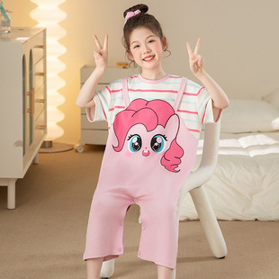 Girls' One-Piece Pajamas Pure Cotton Short-Sleeved Thin Summer Big Kidsren's Cute Anti-Kick Quilt Home Clothes 2025 New Style