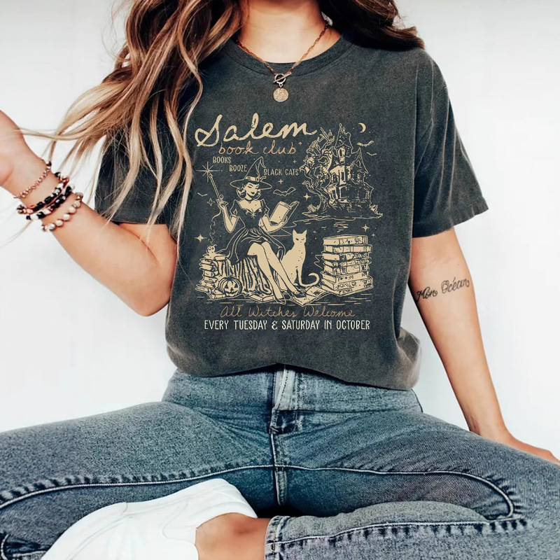 Women's Clothing Salem Witch Pattern Halloween Printed Round Neck Short-Sleeved Elegant Cross-Border European and American Clothing T-Shirt