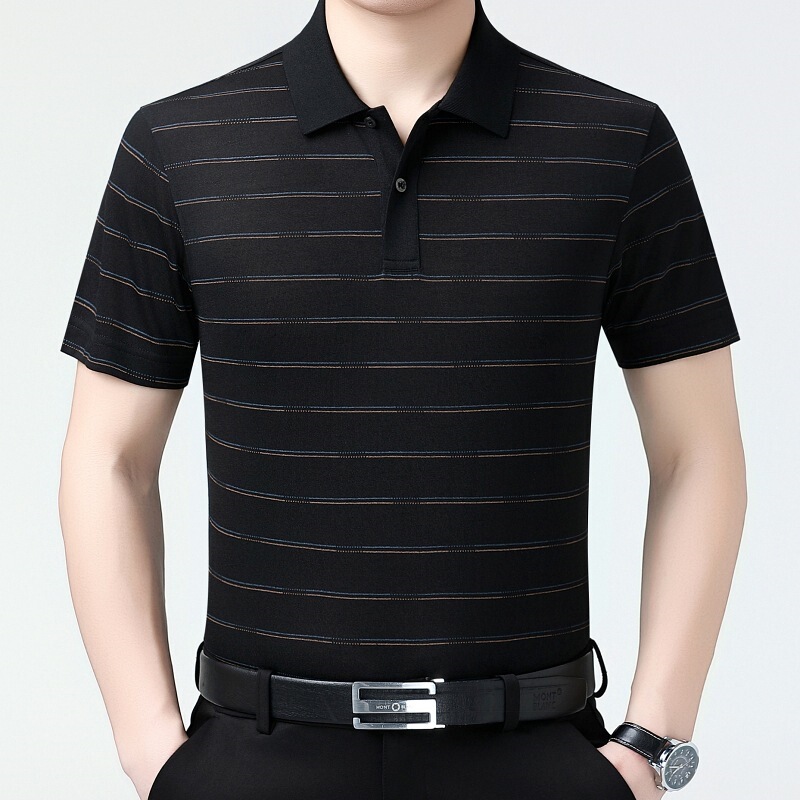 High-End Mulberry Silk Polo Shirt for Men 2026 Summer New Fashion Striped Middle-Aged Men's Top Non-Iron Dad T-Shirt High-End Mulberry Silk Polo Shirt for Men 2026 Summer New Fashion Striped Middle-Aged Men's Top Non-Iron Dad T-Shirt