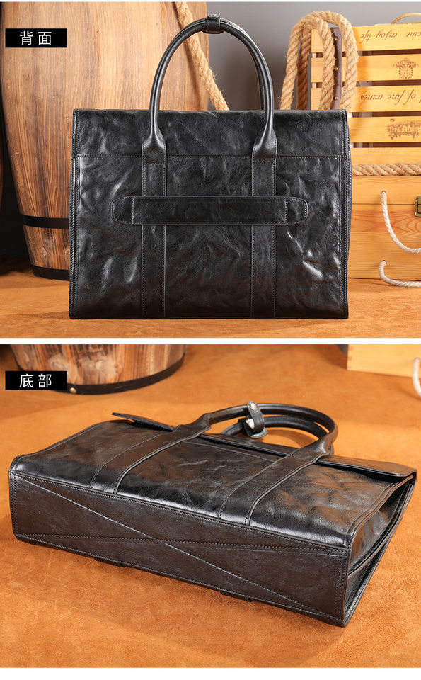 Cặp da nam Malute túi xách tay công sở da bò thật dung tích lớn đựng laptop 14 inch — Màu đen vân phẳng, Màu đen chi tiết 22