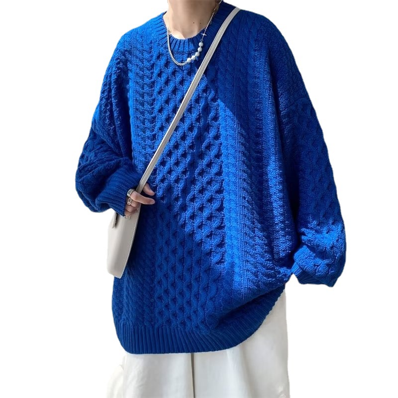 Twist suéter hombres otoño cuello redondo marca de moda Klein suéter azul ins moda estilo coreano suéter suelto abrigo