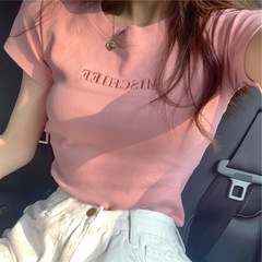 手紙刺繍 2025 夏服韓国新半袖 Tシャツ女性スリム学生服女性トップス女性卸売