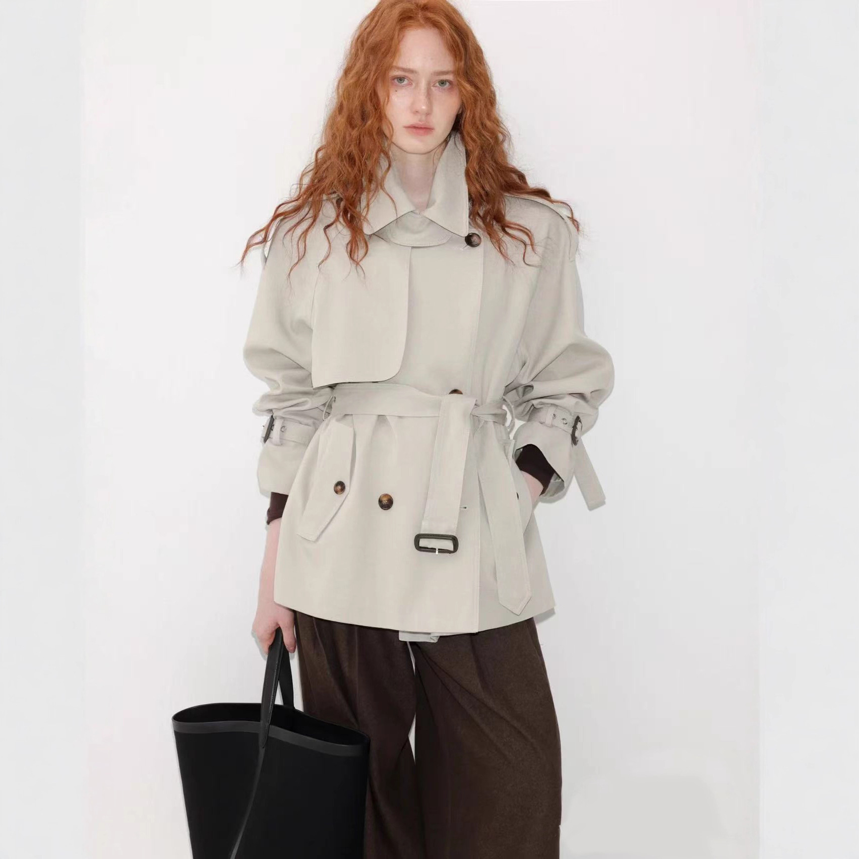 British Style Lace-Up Petite Stand Collar Jacket for Women Autumn Khaki Pocket Short Trench Coat