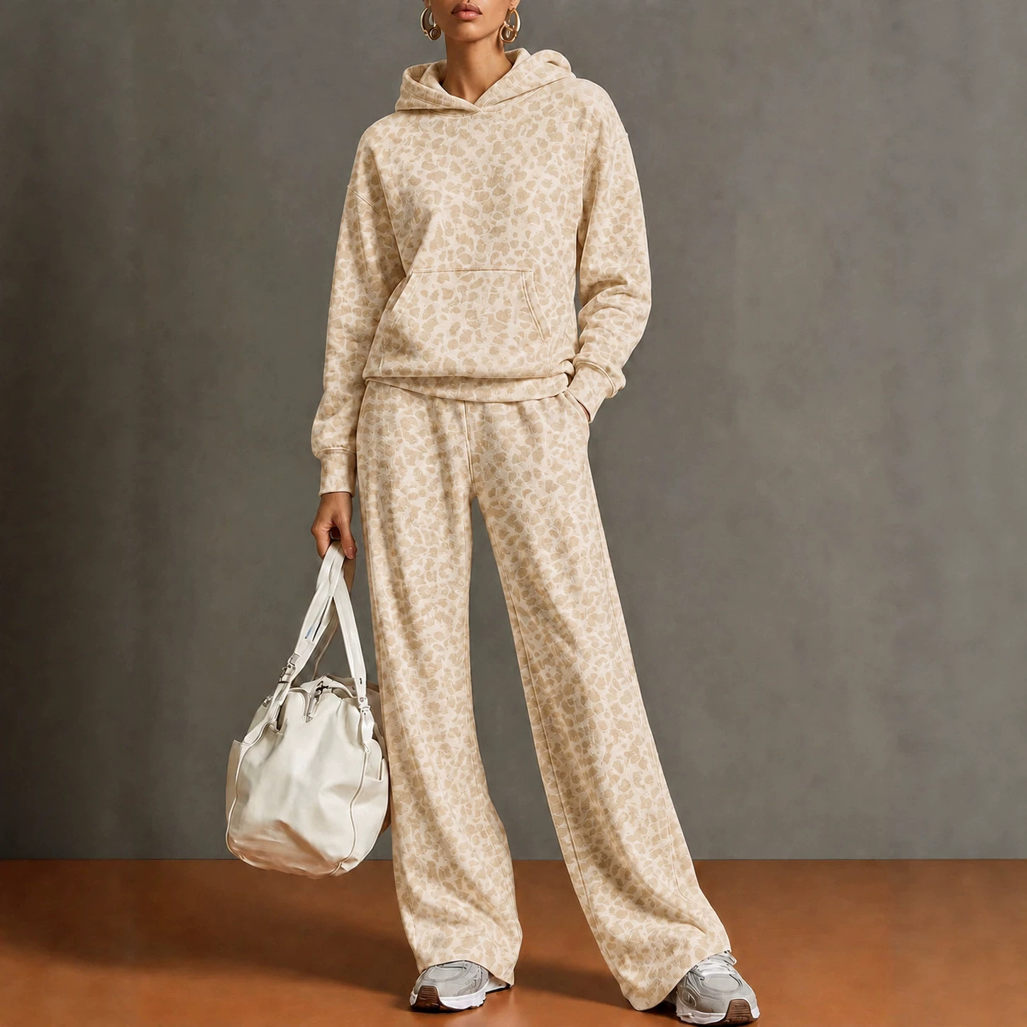 2026 Autumn/Winter European and American Cross-Border Women's Vintage Leopard Print Hooded Sweatshirt and Wide-Leg Pants Casual Sports Two-Piece Set