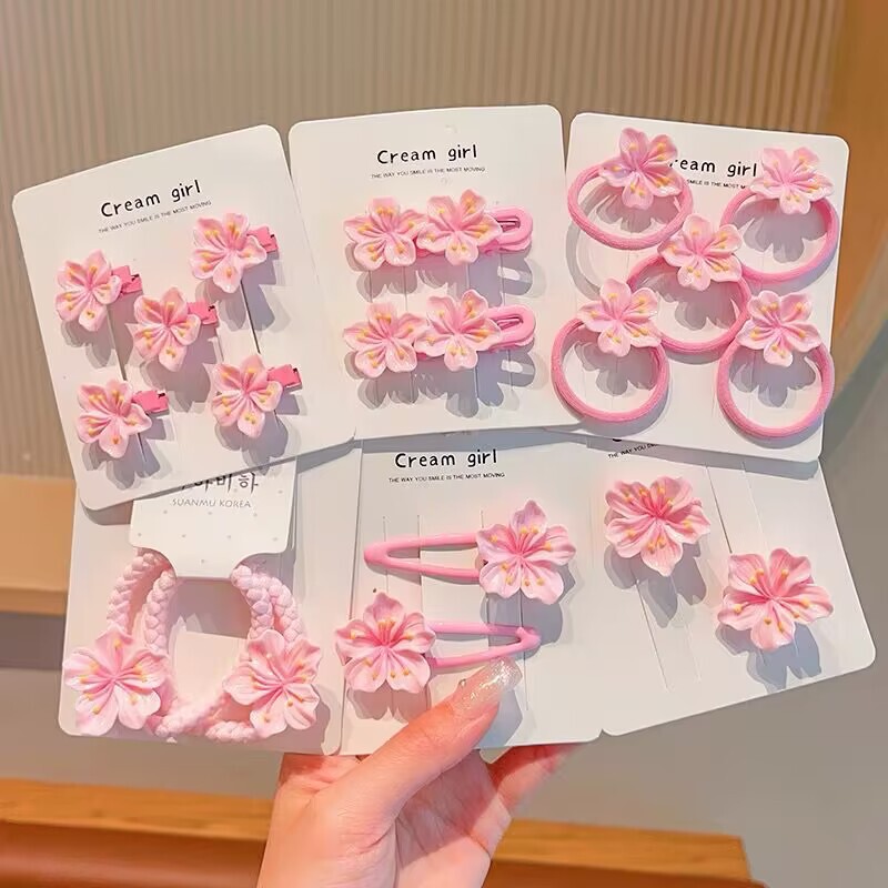 Spring Korean version of cherry blossom children do not hurt hair clip pink cute girl heart hair clip flower head rope girl leather case Spring Korean version of cherry blossom children do not hurt hair clip pink cute girl heart hair clip flower head rope girl leather case