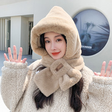 小熊帽子毛绒围巾女冬季可爱冬天围脖二件套连帽一体护耳帽保暖潮