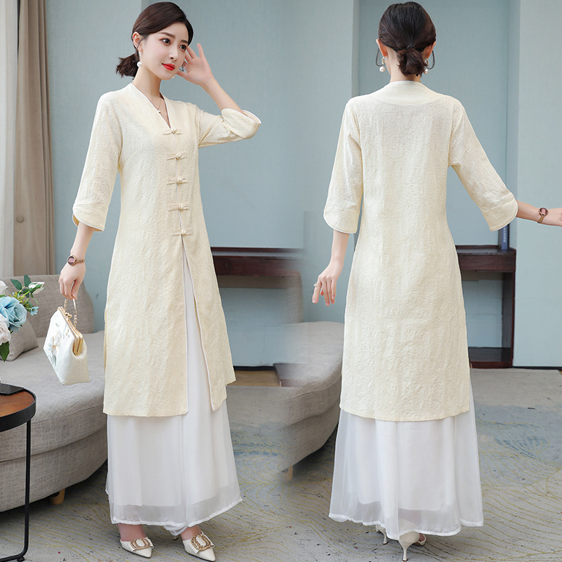 女性用禅服、春夏改良チャイナドレス、中国風文学レトロ綿麻ボタン付きヤングティードレススーツ|undefined