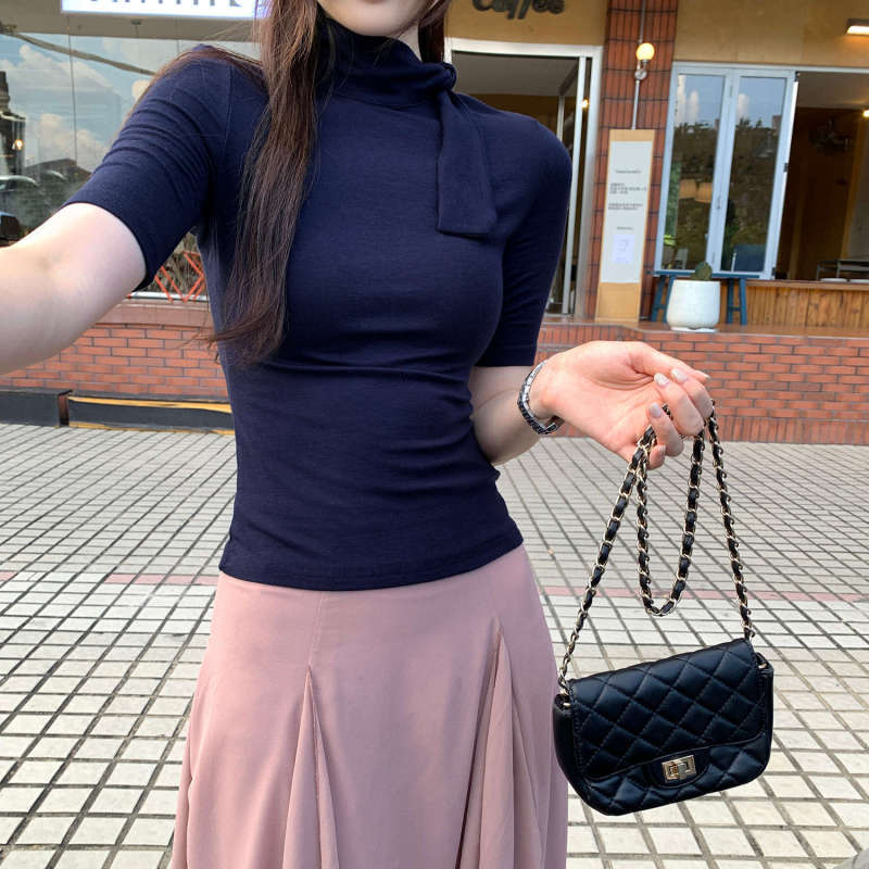 莱赛尔天丝羊毛设计感半高领绑带正肩t恤女夏季新款纯色中袖上衣|undefined