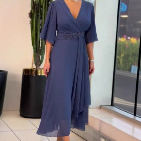 2025新款欧美女装跨境亚马逊纯色短袖雪纺不规则连衣裙大码