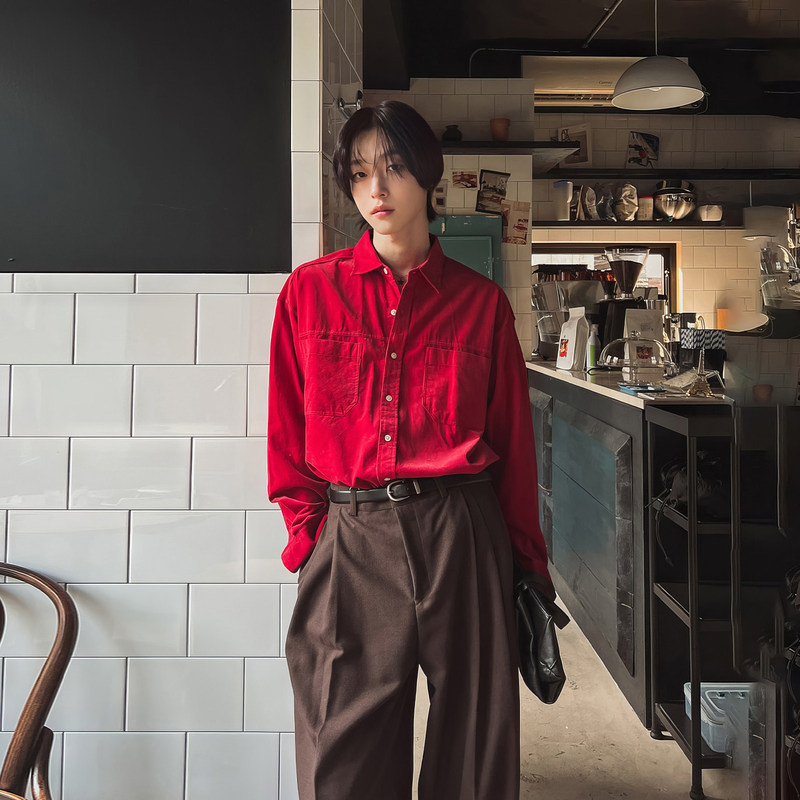 Men's red corduroy long-sleeved shirt for the year of the zodiac animal, 2026 New Year spring collection, high-end and stylish retro shirt