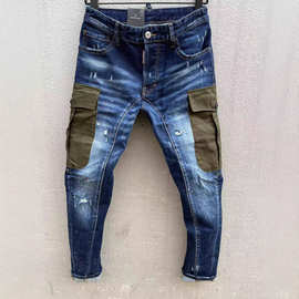T16325牛仔裤男d2拼接侧大口袋小脚水洗蓝磨烂潮流直筒裤破破洞