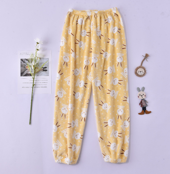 Pantalones de pijama para mujer de otoño e invierno, pantalones largos de franela, ropa de estar de forro polar coral, venta al por mayor de una sola pieza, ropa de casa cálida y dulce.