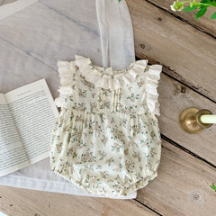 ins女童蕾絲碎花哈衣 女寶寶夏季薄款夏裝嬰幼兒可愛飛袖連體衣爬