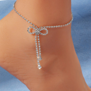 European and American Cross-Border Hot-Selling Ins Fashion Full Diamond Bow Rhinestone Anklet Women's Dot Diamond Simple Super Flash Anklet