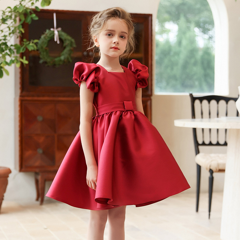 Nuevo vestido de vestir para niños, vestido de princesa con mangas abullonadas para niñas europeas y americanas transfronterizas, vestido de satén para niños, traje de fiesta de alta gama