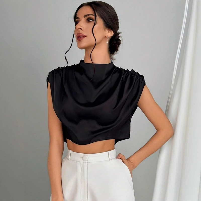 European and American Clothing Spring and Summer Pleated Satin Shirts, Independent Station Cross-Border Popular Satin Imitation Silk Short Shirts