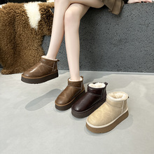 防水皮面厚底雪地靴女款2024秋冬季新款加绒加厚短筒棉鞋