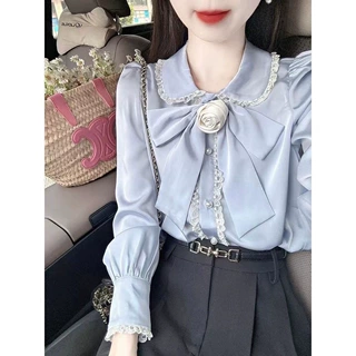 早秋新款小衫韩系轻熟衬衣女长袖修身蕾丝花边拼接娃娃领蝴蝶结