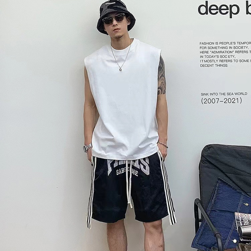 300g de algodón pesado chaleco sin mangas de verano nuevo hombro camiseta deportiva de color sólido para hombres de moda chaqueta suelta