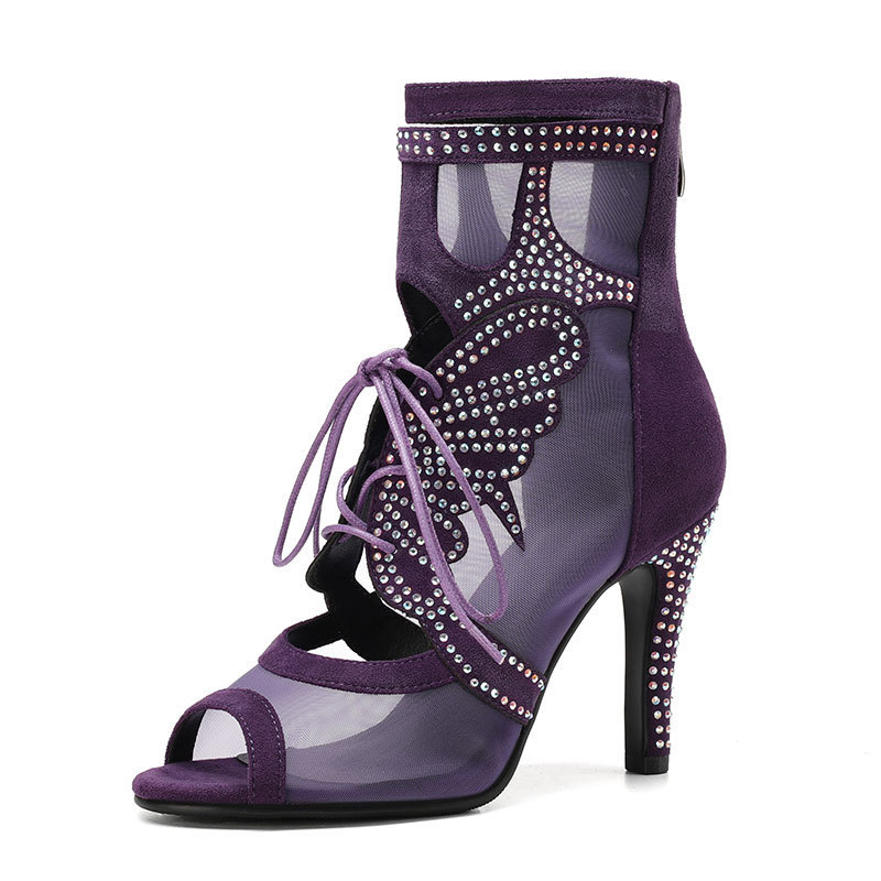 New Mesh Breathable Purple Jazz Dance Shoes with Butterfly Cutouts, High Heels with Rhinestones, Fully Covered Satin and Suede High-Heeled Dance Shoes