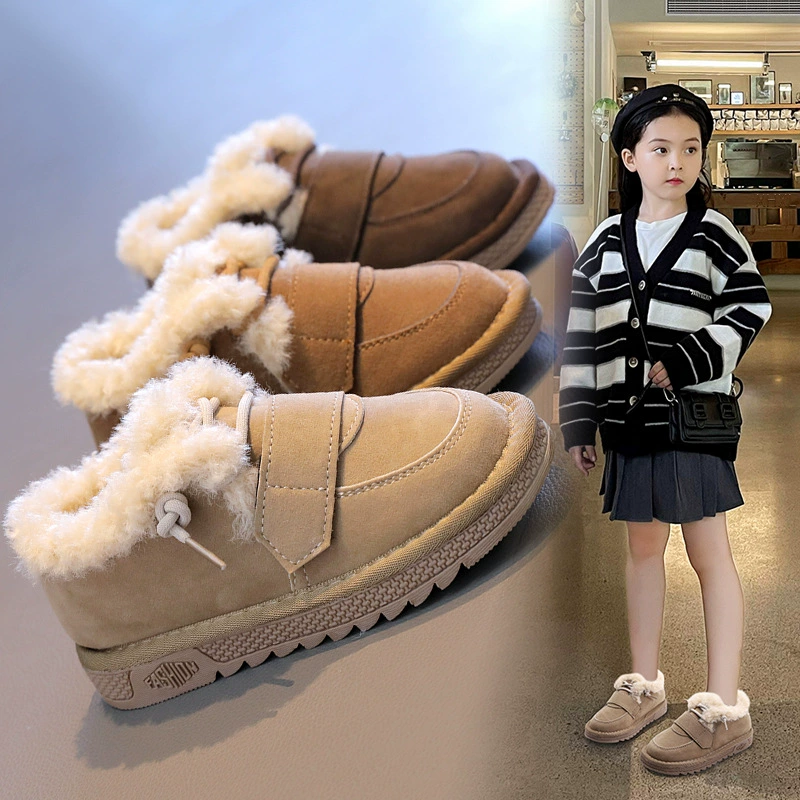 Детская обувь, большие хлопчатобумажные туфли для девочек, 2023, новые зимние пушистые Лоферы Maillard, подходящие по цвету, толстые теплые лоферы на флисовой подкладке