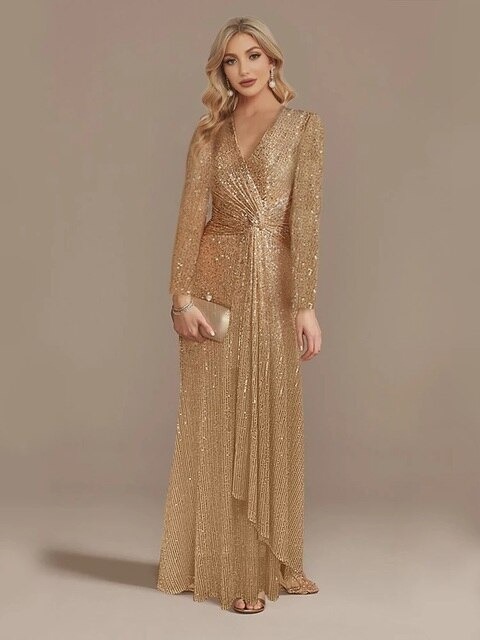 Elegantes Langarm Pailletten Abendkleid Für Damen Einfarbig_voghion.com
