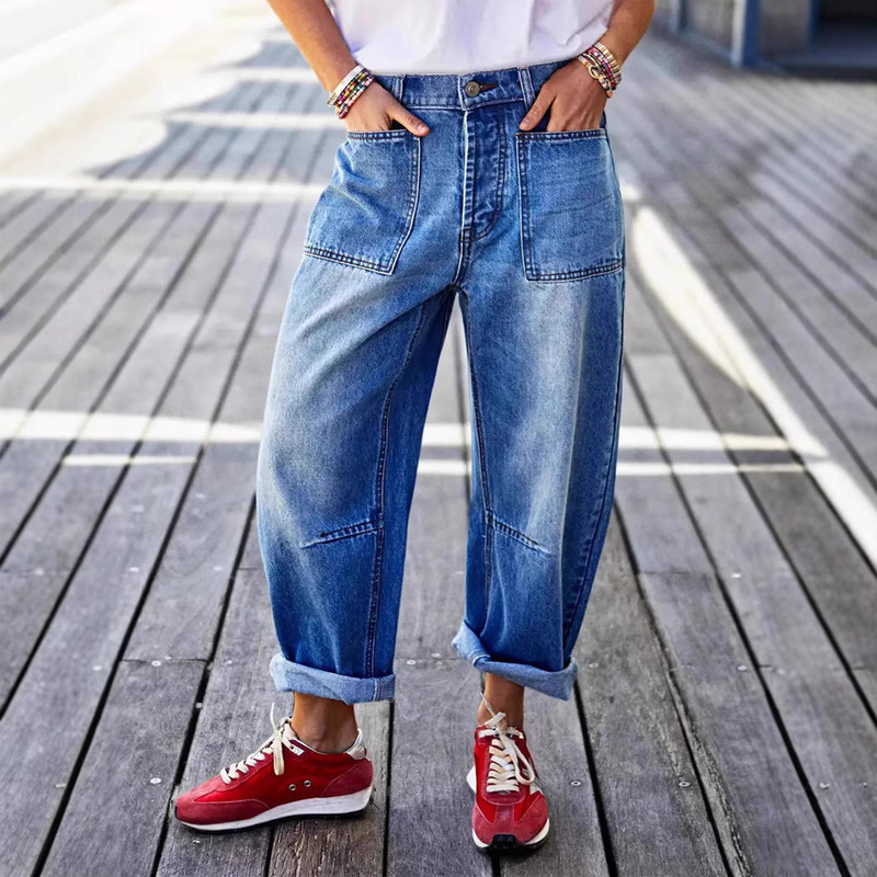 Cross-Border Amazon European and American Stretch Jeans Rolled-Up Hem Stitching Patch Pocket Mid-Waist Barrel-Leg Cropped Jeans for Women