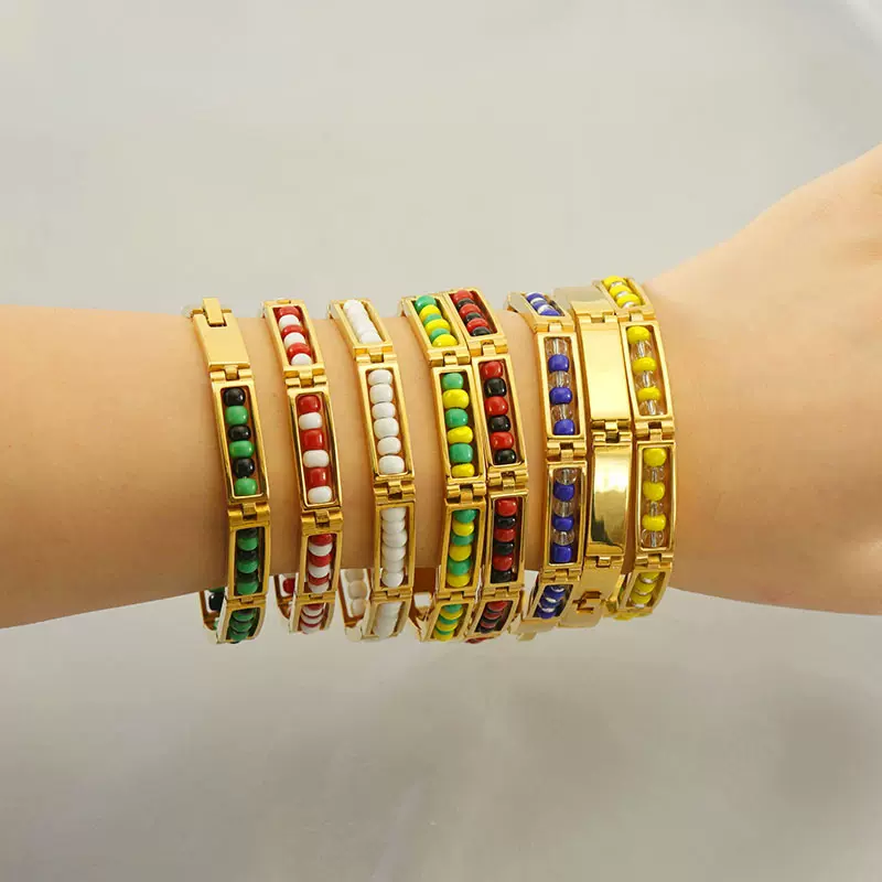 工厂定制珠子手链男女款跨境欧美钛钢18K金百搭潮流手环手镯饰品