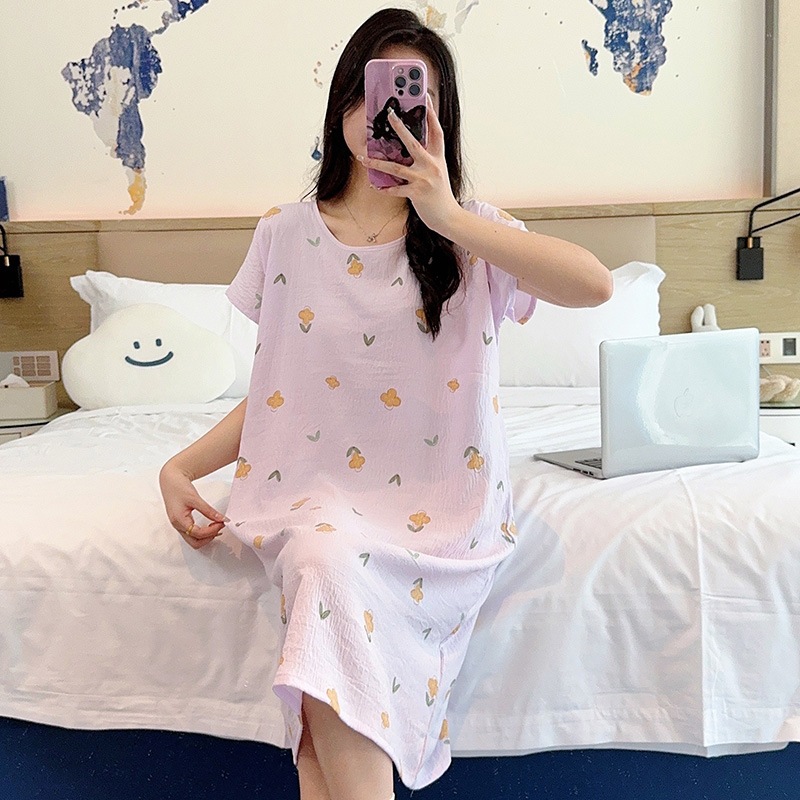 Nightgown for Women, Summer Thin Large Size Cotton Silk Dress, Cool Mid-Length Dress, Cotton Silk Crinkled Fabric, Loose-Fitting Home Wear, Short-Sleeved