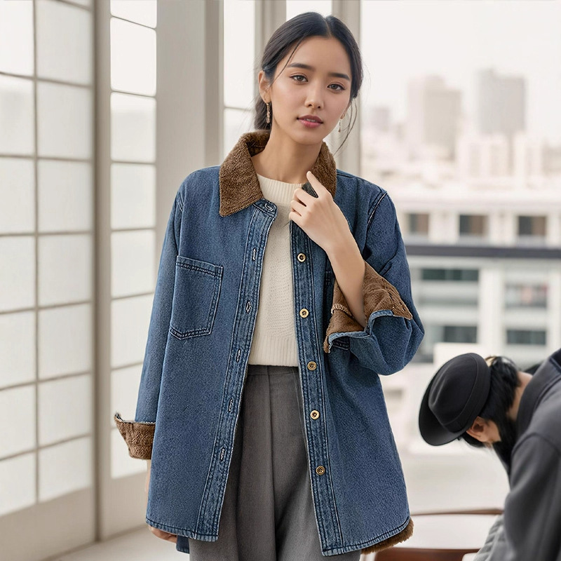 Women's Washed Denim Jacket, Thickened and Fleece-lined, Loose Fit, Versatile Casual Jacket, Long Sleeve, Trendy Japanese and Korean Style, Loose Fit