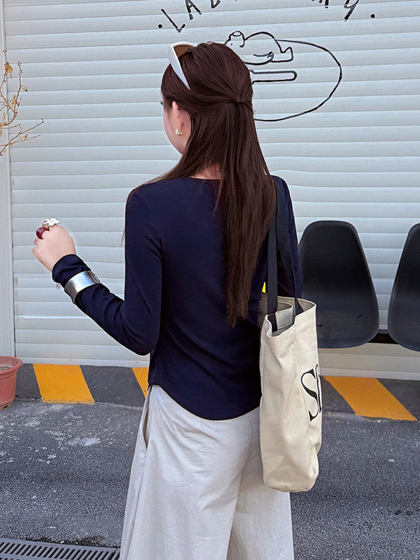 条纹拼接长袖T恤女春秋韩版2025新款设计感修身显瘦气质内搭批发|undefined