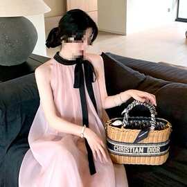 系带气质宽松子挂脖海边度假裙氛围夏季女蝴蝶结连衣裙甜美感