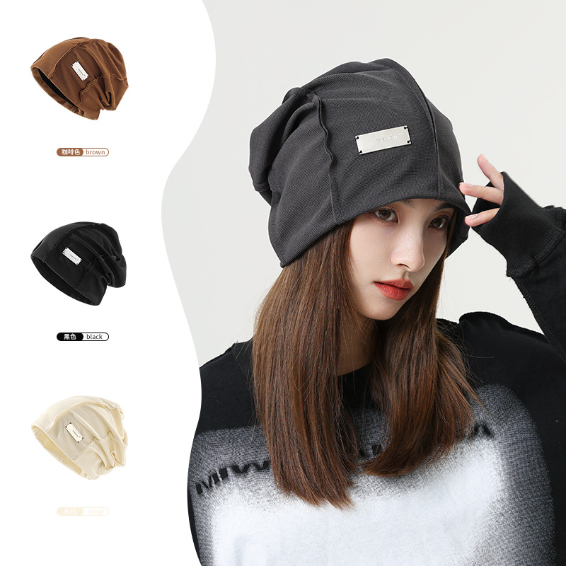Japanese Pure Cotton Metal Label Knit Beanie Women Autumn Winter Large Brim Face-revealing Fashion Street Cap