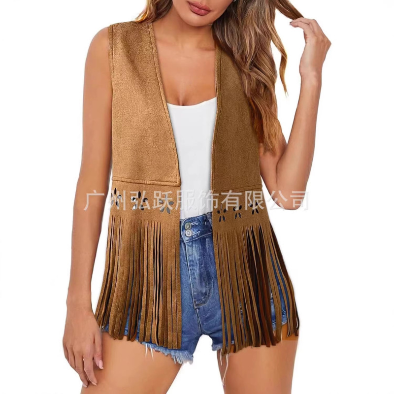 European and American Cross-Border Women's Tassel Vest Denim Western 70S Hippie Sleeveless Hollow-Out Faux Suede Tassel Jacket