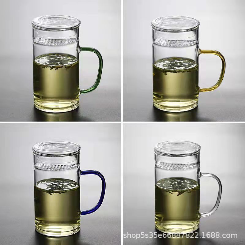 月牙カップ 厚底ハンドル付き緑茶カップ 高ホウケイ酸ガラス オフィス用茶こし付きカップ フィルター付き分配カップ 耐熱性|undefined