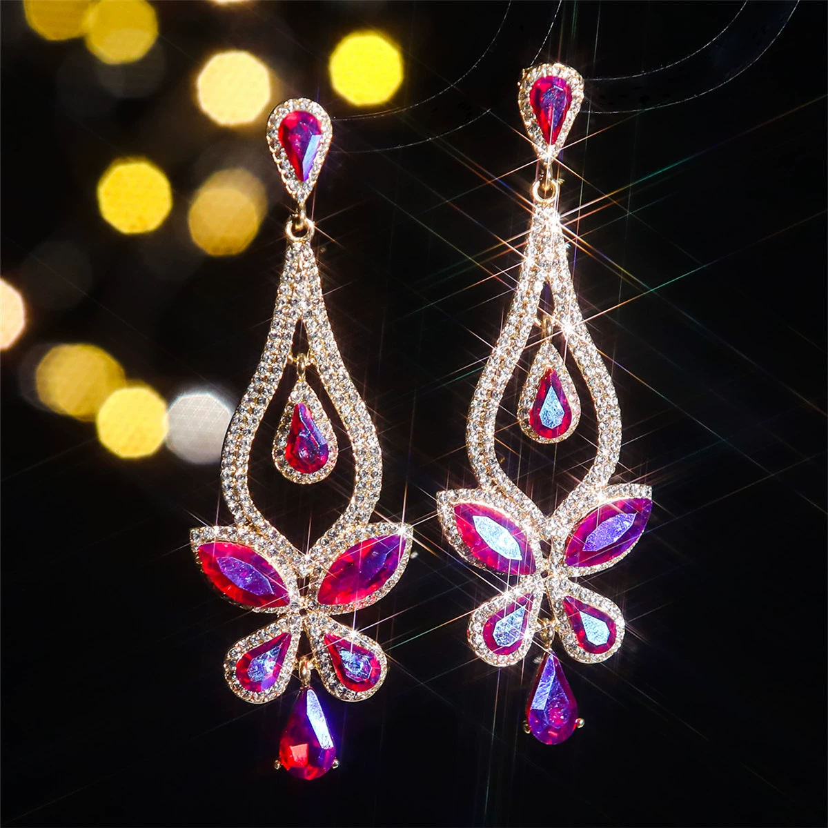 European and American cross -border luxury temperament glass rhinestone ears women with exaggerated water drop earrings earrings earrings