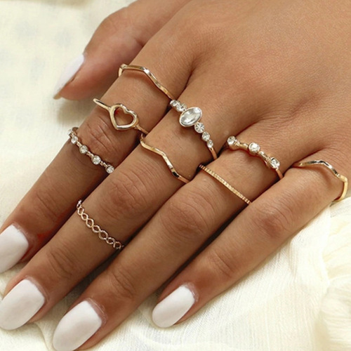 Cross-border best-selling simple new hollow love ring European and American style geometric wave-shaped 9-piece ring set